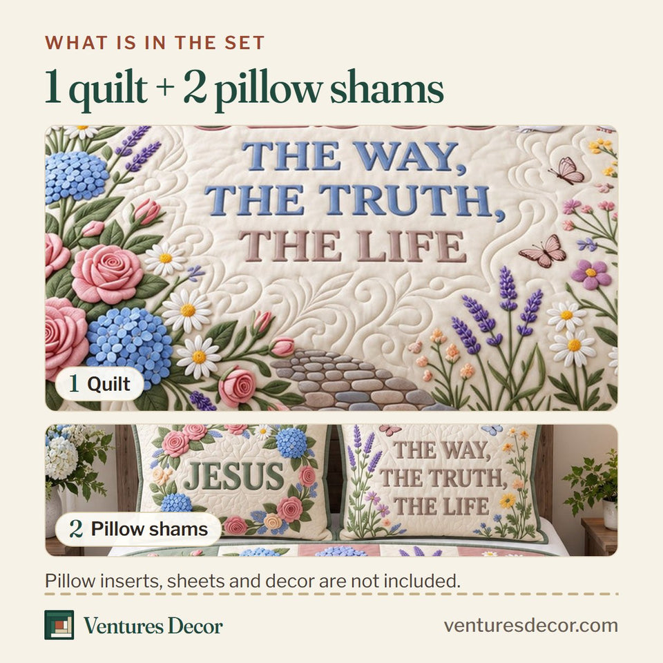 What is in the set: one quilt and two pillow shams, shown in the Christian Faith Jesus Quilt Set, 3-Piece Quilted Bedding with 2 Pillow Shams design