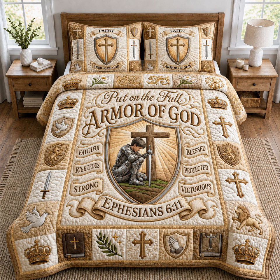 Christian Faith Knight Before the Cross Sunrise quilted bedding set, quilt and two pillow shams on a made bed