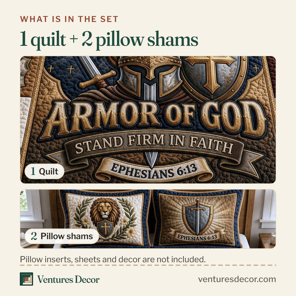 What is in the set: one quilt and two pillow shams, shown in the Christian Faith Lion and Sword Navy Border design