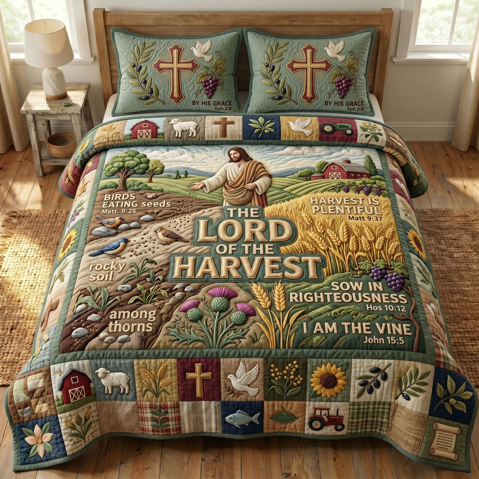 Christian Faith Lord of the Harvest Sower quilted bedding set, quilt and two pillow shams on a made bed