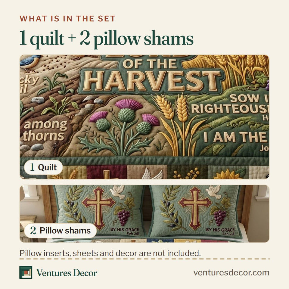 What is in the set: one quilt and two pillow shams, shown in the Christian Faith Lord of the Harvest Sower design