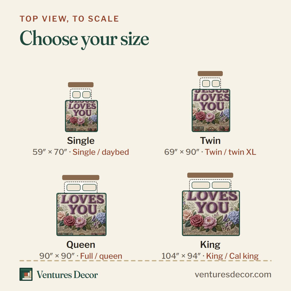 Size guide for the Christian Faith Loves You Rose Wreath quilt, top view to scale: Single 59 x 70 in, Twin 69 x 90 in, Queen 90 x 90 in, King 104 x 94 in