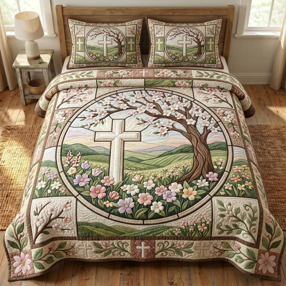 Christian Faith Meadow Cross Spring Blossoms quilted bedding set, quilt and two pillow shams on a made bed
