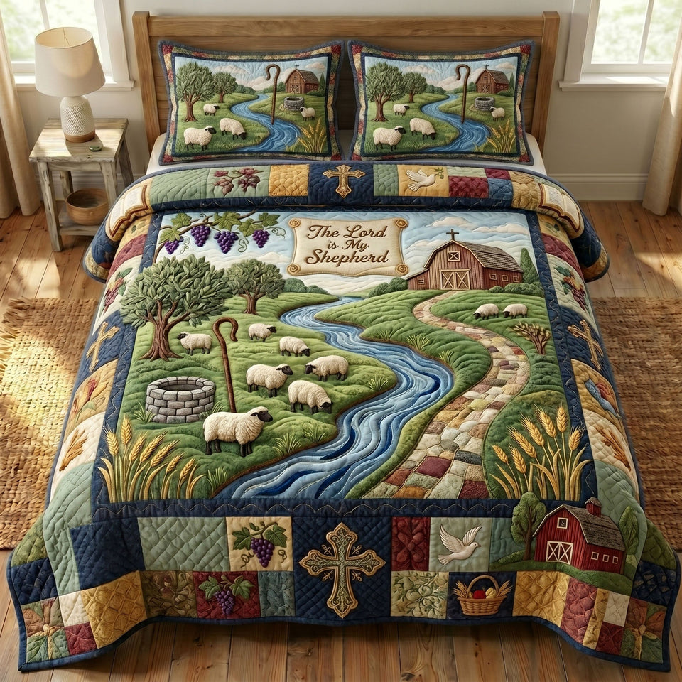 Christian Faith Stone Well and Flock quilted bedding set, quilt and two pillow shams on a made bed