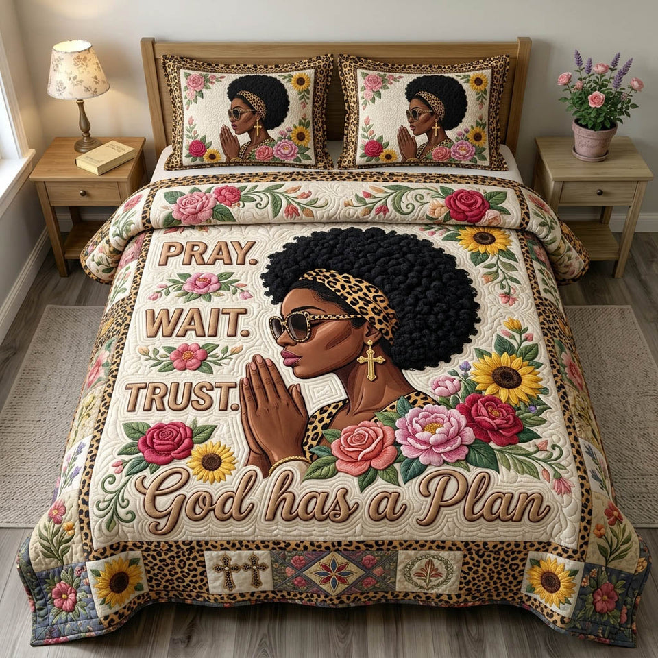 Christian Faith Sunglasses Prayer Pink Roses quilted bedding set, quilt and two pillow shams on a made bed