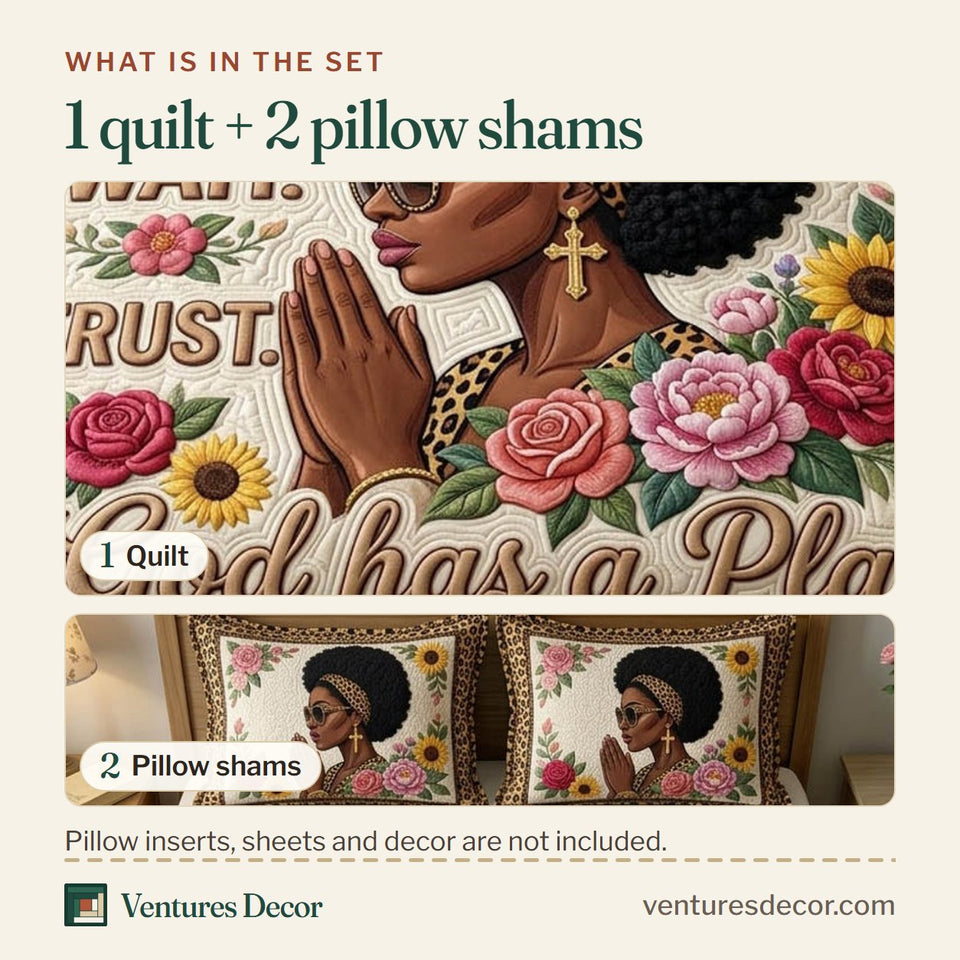 What is in the set: one quilt and two pillow shams, shown in the Christian Faith Sunglasses Prayer Pink Roses design