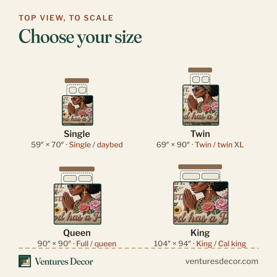 Size guide for the Christian Faith Sunglasses Prayer Pink Roses quilt, top view to scale: Single 59 x 70 in, Twin 69 x 90 in, Queen 90 x 90 in, King 104 x 94 in