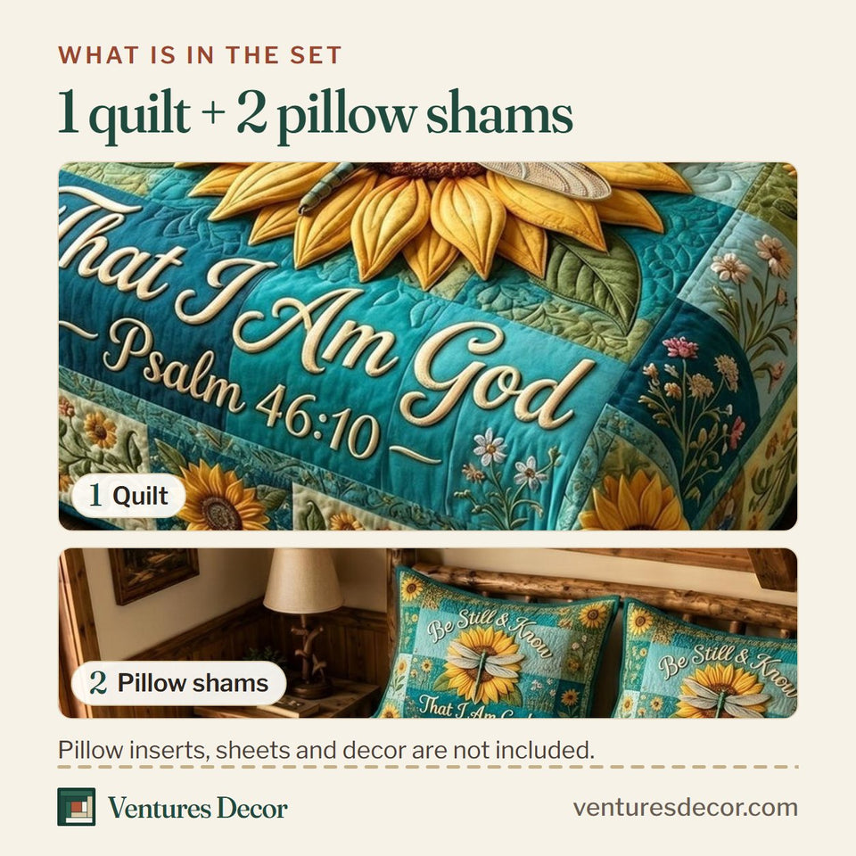 What is in the set: one quilt and two pillow shams, shown in the Christian Faith Teal Sunflower Be Still design