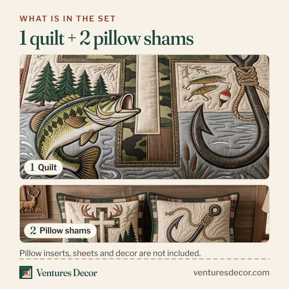 What is in the set: one quilt and two pillow shams, shown in the Christian Fishing Hunting Cross With Hook And Bass design