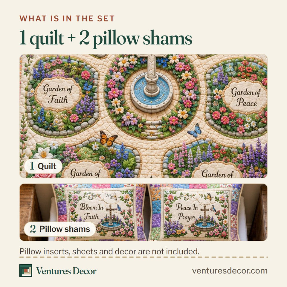 What is in the set: one quilt and two pillow shams, shown in the Christian Garden Of Grace design