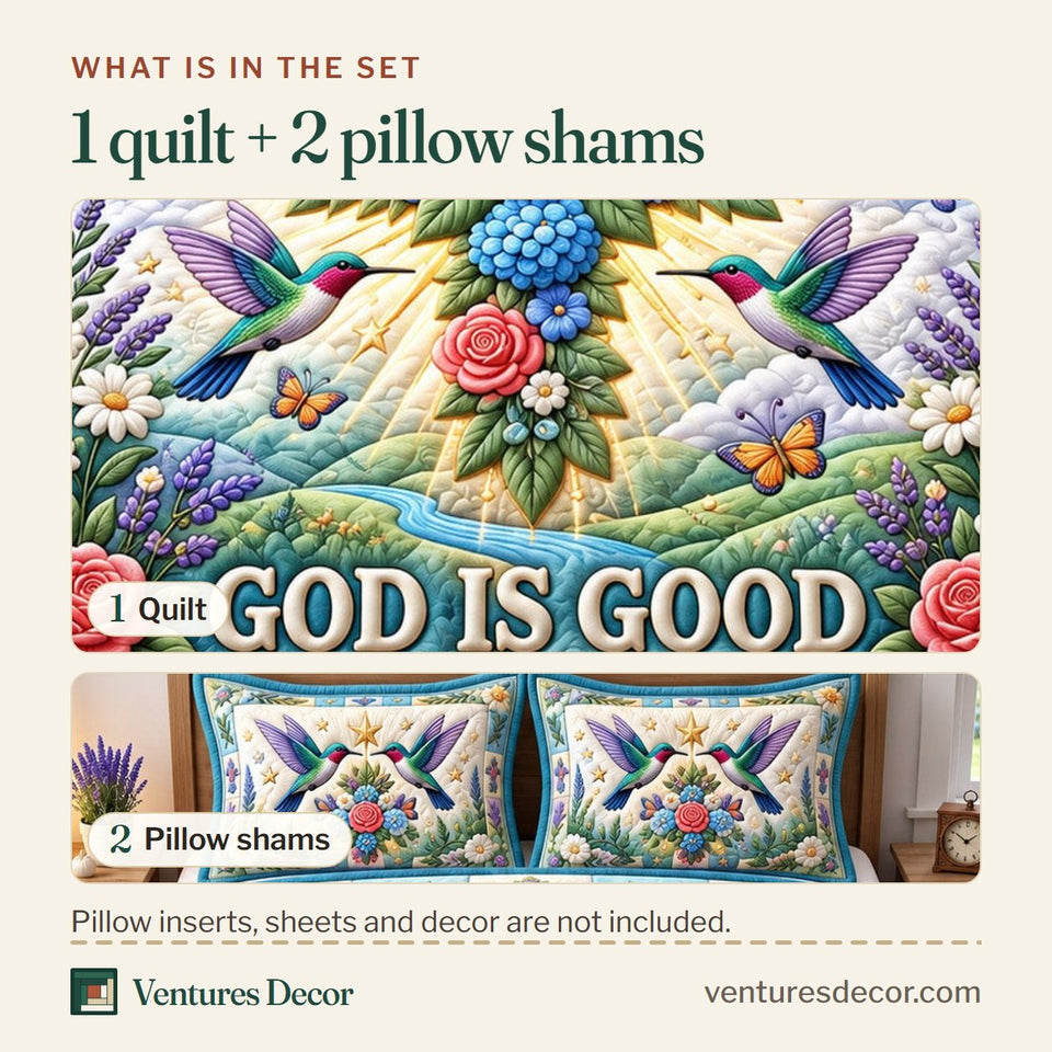 What is in the set: one quilt and two pillow shams, shown in the Christian Hummingbird Bible Verse design