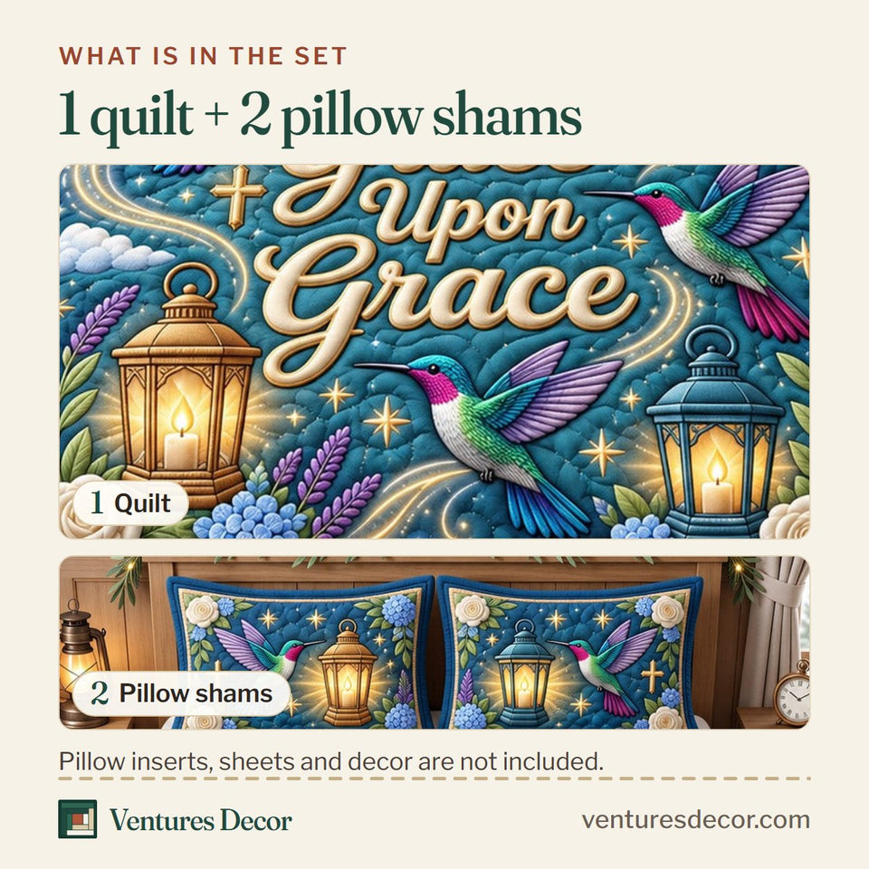What is in the set: one quilt and two pillow shams, shown in the Christian Hummingbird Faith Inspired design