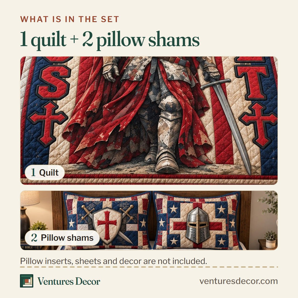 What is in the set: one quilt and two pillow shams, shown in the Christian Knight Faith design