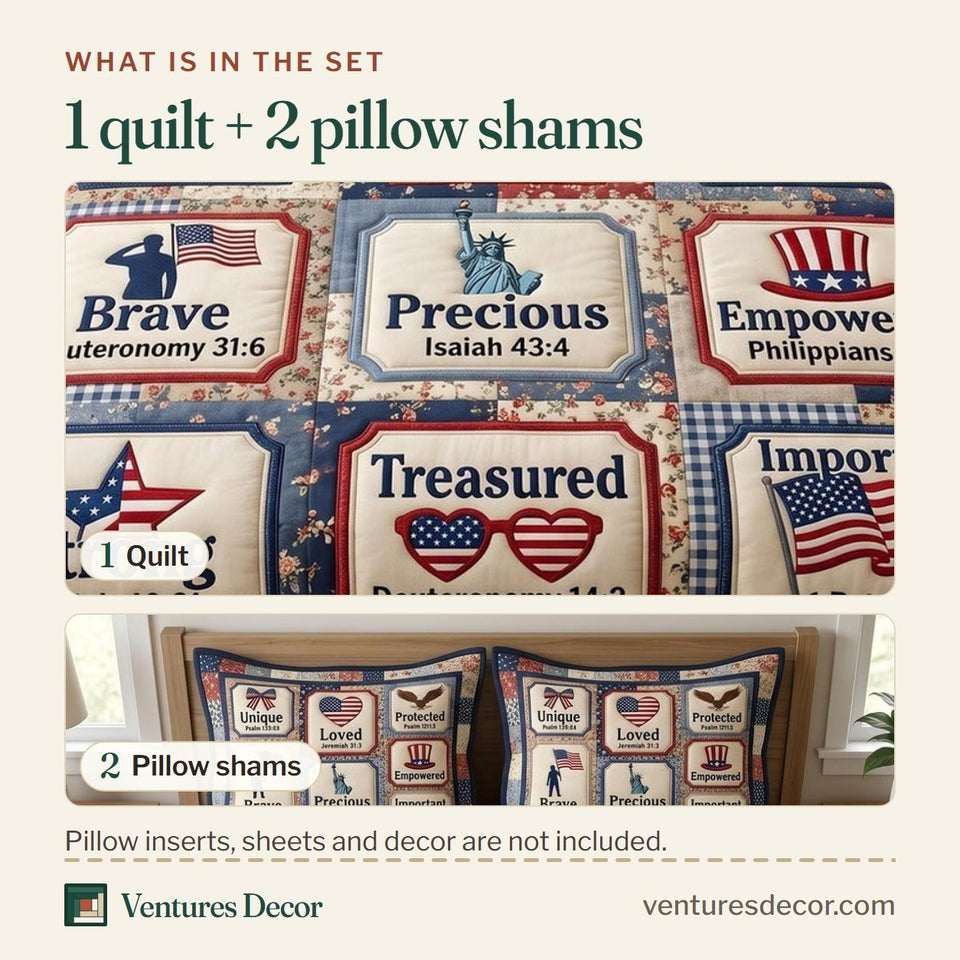 What is in the set: one quilt and two pillow shams, shown in the Christian Patriotic Word Blocks Navy Stars design