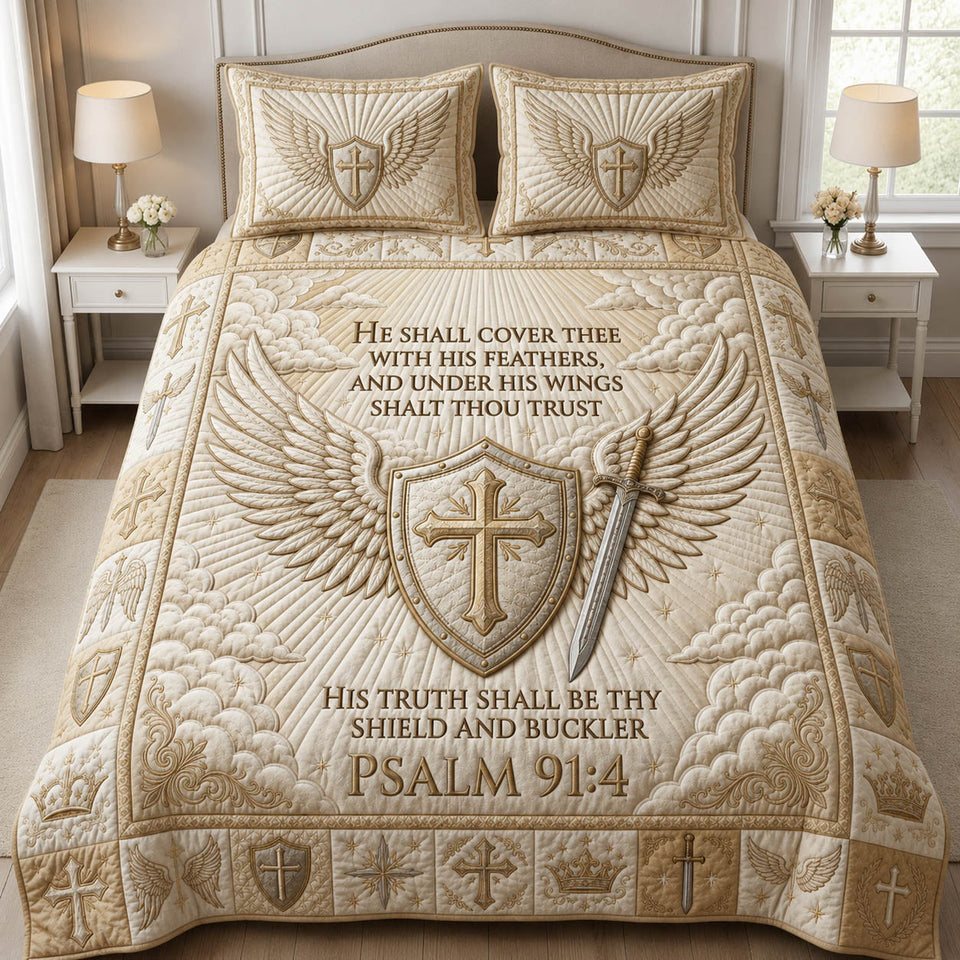 Christian Winged Armor quilted bedding set, quilt and two pillow shams on a made bed