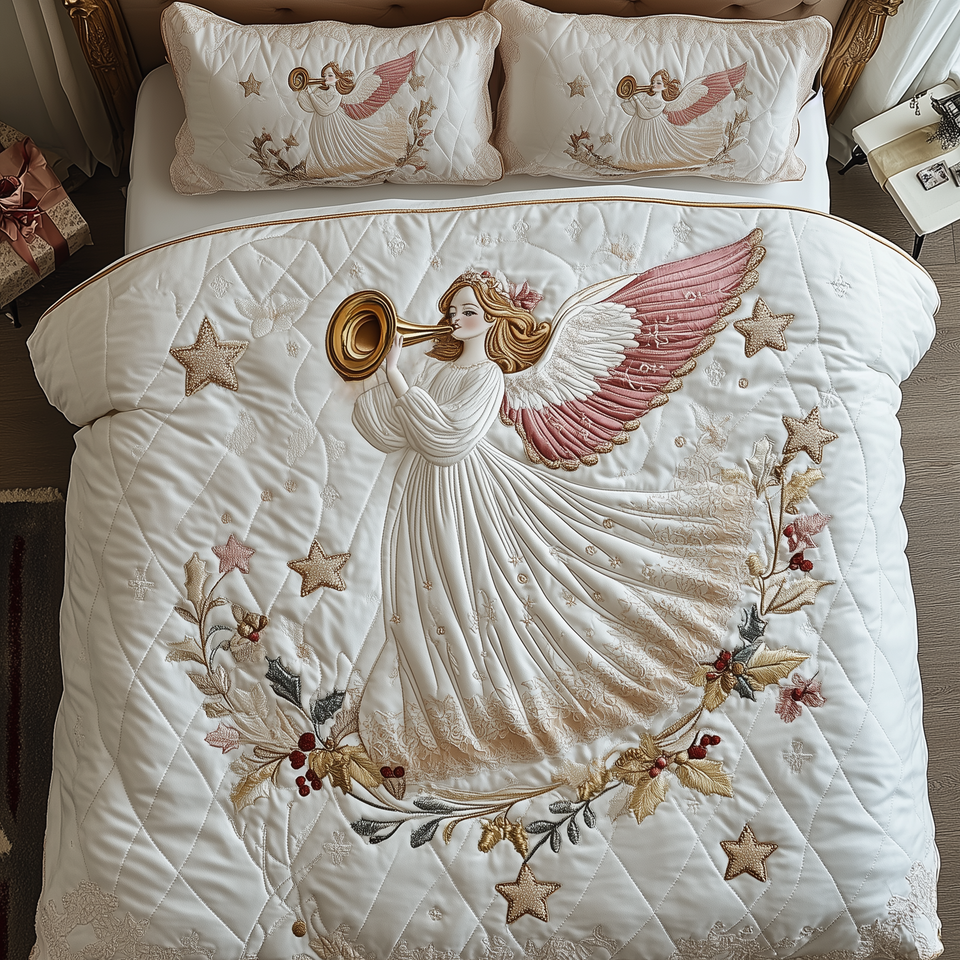 Christmas Angel Golden Horn Floral Vine quilted bedding set, quilt and two pillow shams on a made bed