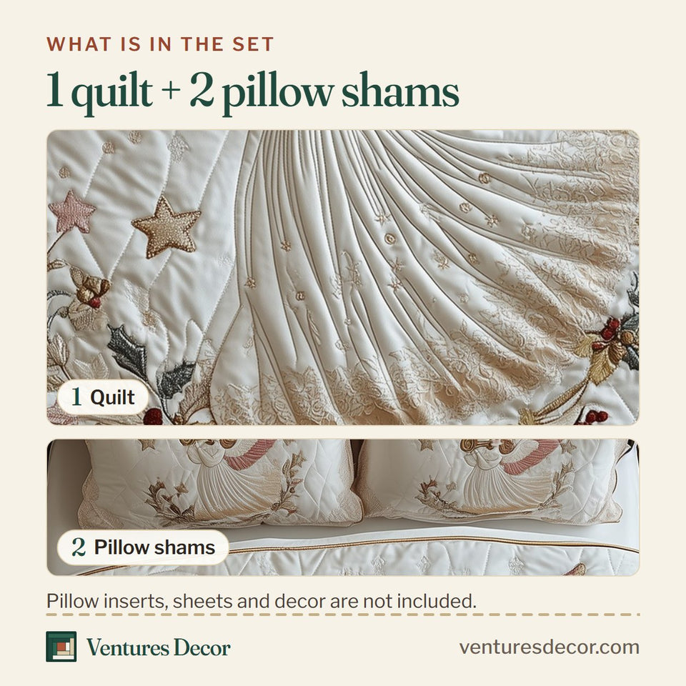 What is in the set: one quilt and two pillow shams, shown in the Christmas Angel Golden Horn Floral Vine design