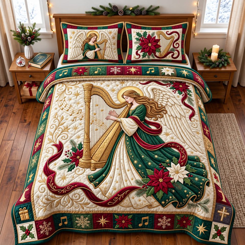 Christmas Angel Holiday quilted bedding set, quilt and two pillow shams on a made bed