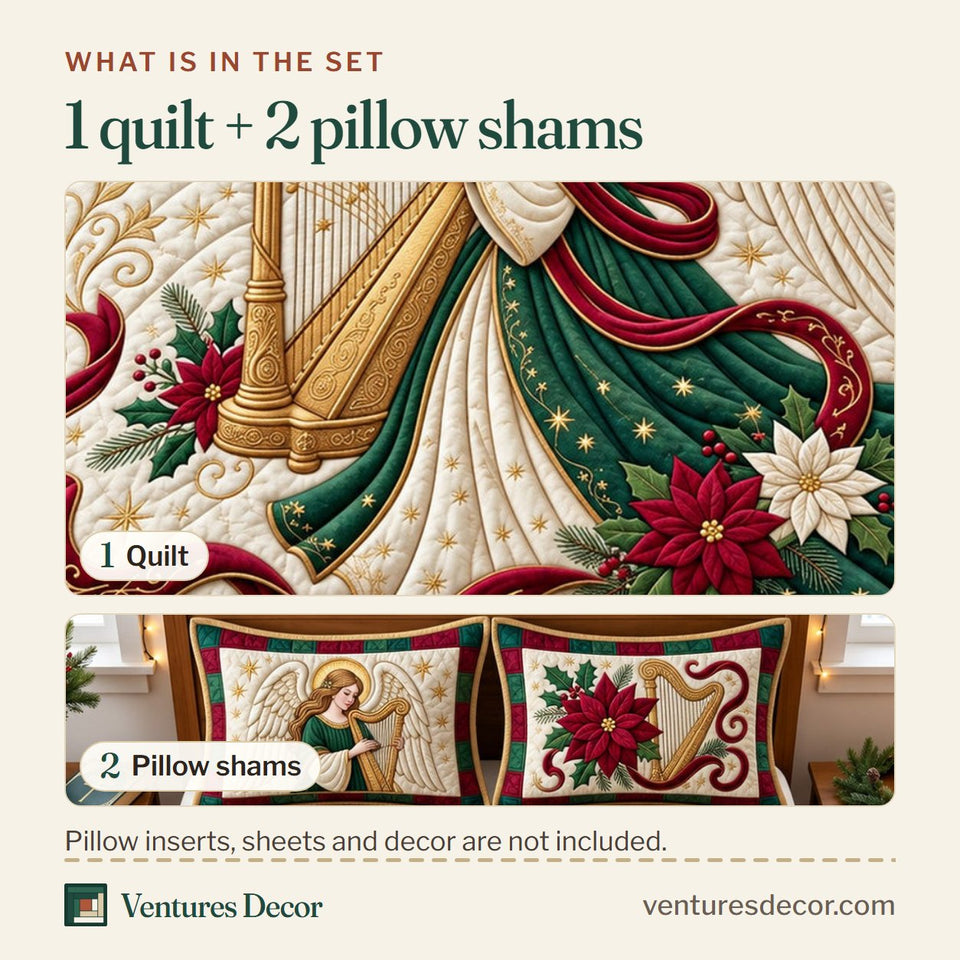 What is in the set: one quilt and two pillow shams, shown in the Christmas Angel Holiday Quilt Set, 3-Piece Quilted Bedding with 2 Pillow Shams design