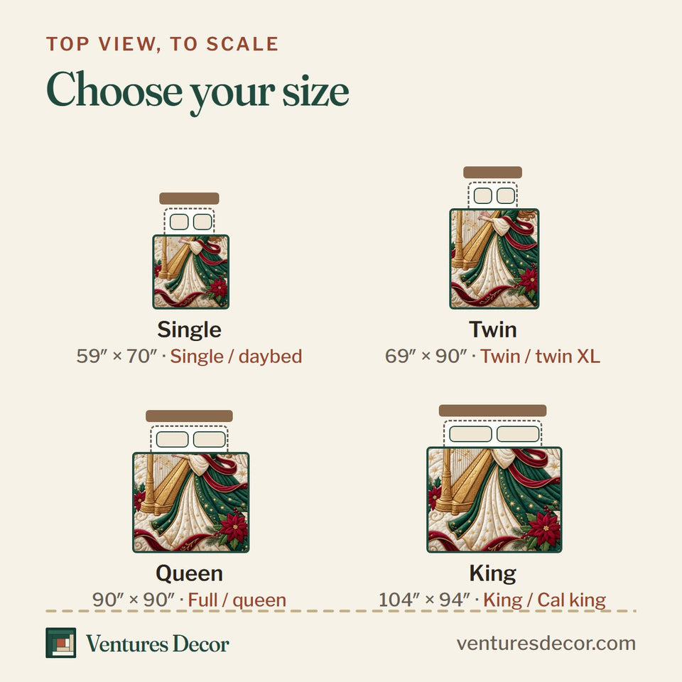 Size guide for the Christmas Angel Holiday Quilt Set, 3-Piece Quilted Bedding with 2 Pillow Shams quilt, top view to scale: Single 59 x 70 in, Twin 69 x 90 in, Queen 90 x 90 in, King 104 x 94 in