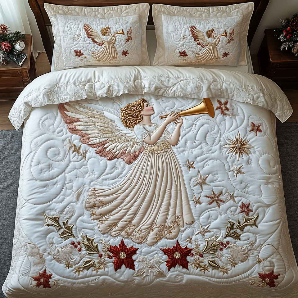 Christmas Angel Poinsettia Trumpet quilted bedding set, quilt and two pillow shams on a made bed