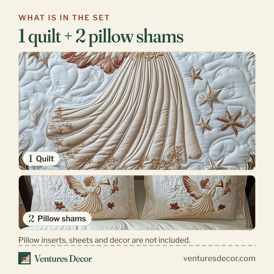 What is in the set: one quilt and two pillow shams, shown in the Christmas Angel Poinsettia Trumpet design