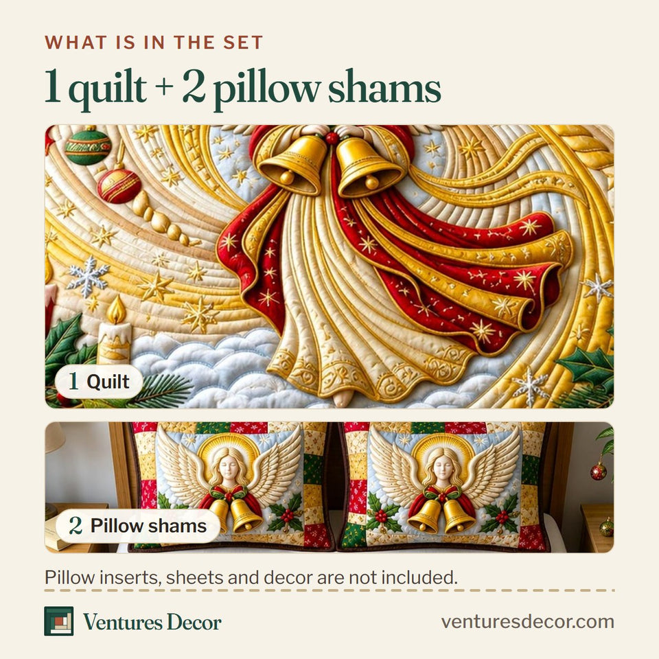 What is in the set: one quilt and two pillow shams, shown in the Christmas Angel in Tan design
