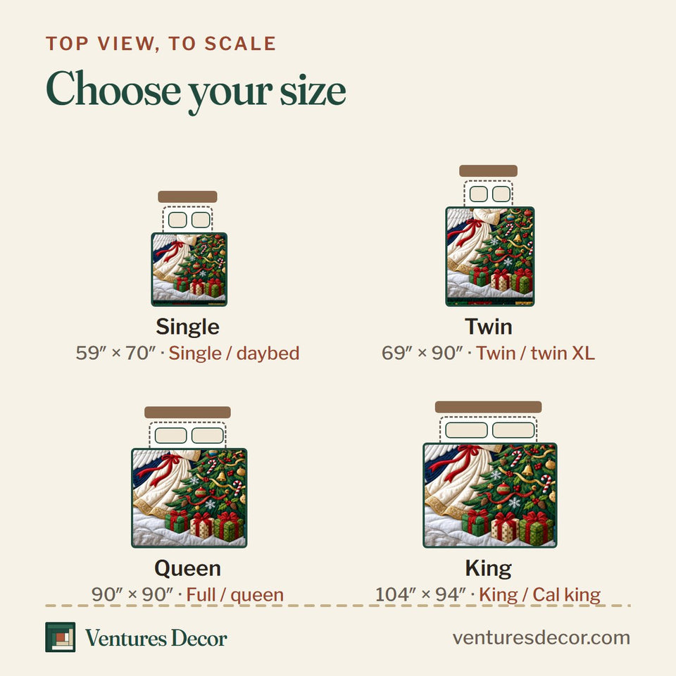 Size guide for the Christmas Angel in Black quilt, top view to scale: Single 59 x 70 in, Twin 69 x 90 in, Queen 90 x 90 in, King 104 x 94 in