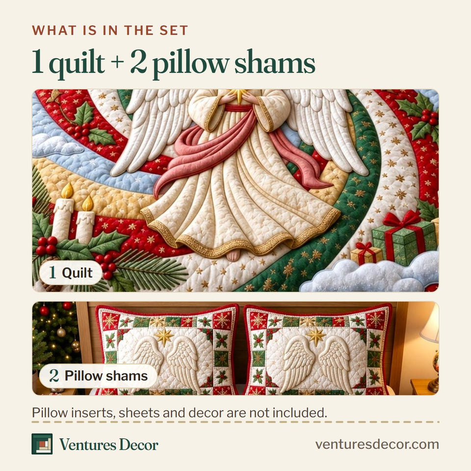 What is in the set: one quilt and two pillow shams, shown in the Christmas Angel design
