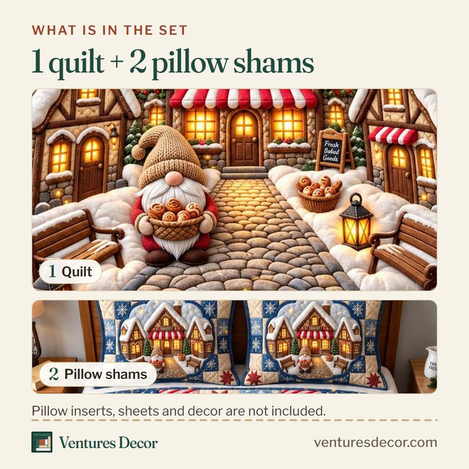 What is in the set: one quilt and two pillow shams, shown in the Christmas Bakery Village Quilt Set, 3-Piece Quilted Bedding with 2 Pillow Shams design