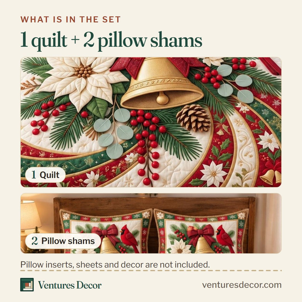 What is in the set: one quilt and two pillow shams, shown in the Christmas Bell Cardinal design