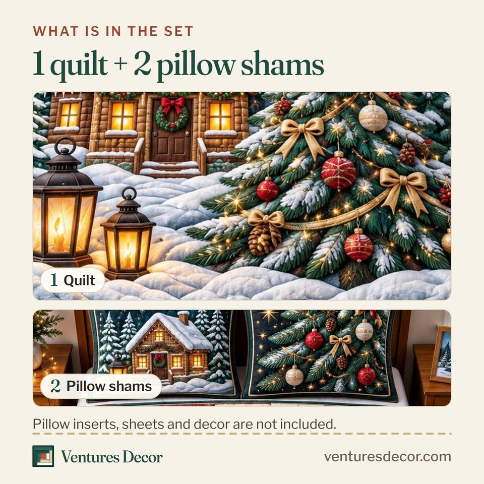 What is in the set: one quilt and two pillow shams, shown in the Christmas Cabin Tree design