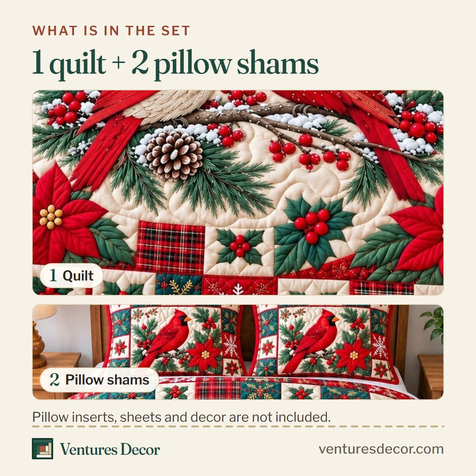 What is in the set: one quilt and two pillow shams, shown in the Christmas Cardinal Blessings design