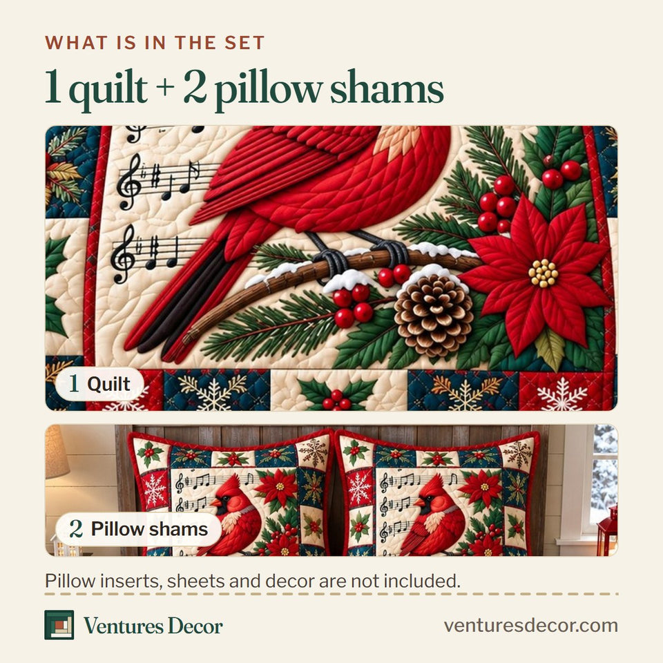 What is in the set: one quilt and two pillow shams, shown in the Christmas Cardinal Cheer design