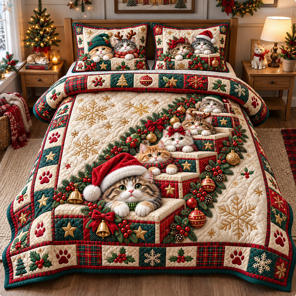 Christmas Cat Gift Stairway quilted bedding set, quilt and two pillow shams on a made bed