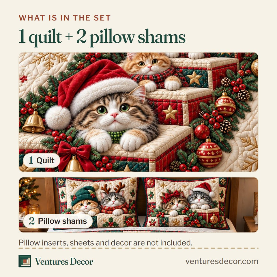 What is in the set: one quilt and two pillow shams, shown in the Christmas Cat Gift Stairway Quilt Set, 3-Piece Quilted Bedding with 2 Pillow Shams design