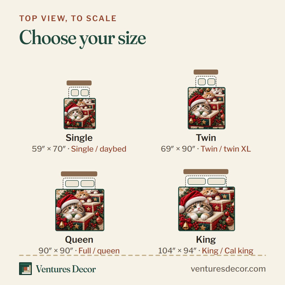 Size guide for the Christmas Cat Gift Stairway Quilt Set, 3-Piece Quilted Bedding with 2 Pillow Shams quilt, top view to scale: Single 59 x 70 in, Twin 69 x 90 in, Queen 90 x 90 in, King 104 x 94 in
