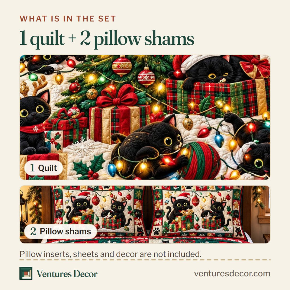 What is in the set: one quilt and two pillow shams, shown in the Christmas Cat in Black and Brown Quilt Set, 3-Piece Quilted Bedding with 2 Pillow Shams design