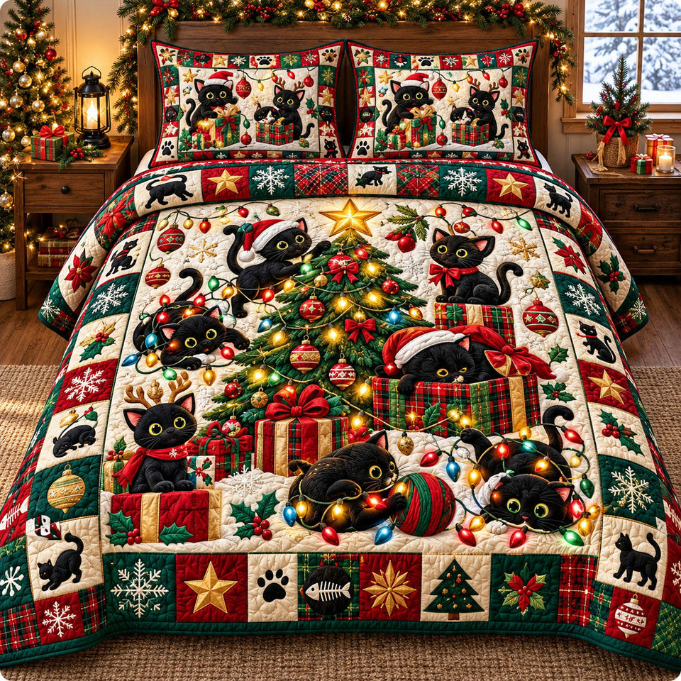 Christmas Cat in Black and Burgundy quilted bedding set, quilt and two pillow shams on a made bed