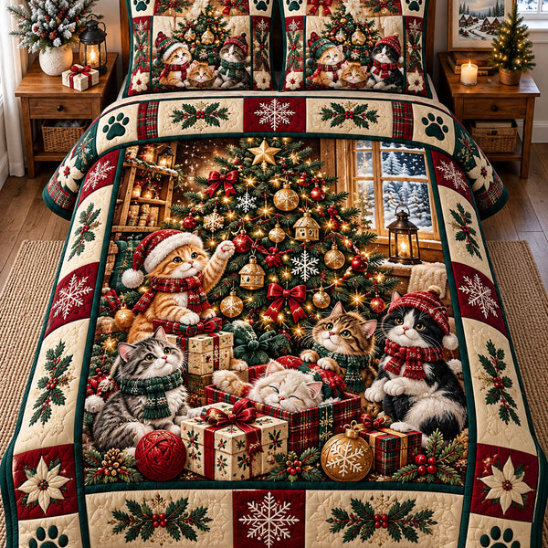 Christmas Cat in Black and Tan quilted bedding set, quilt and two pillow shams on a made bed