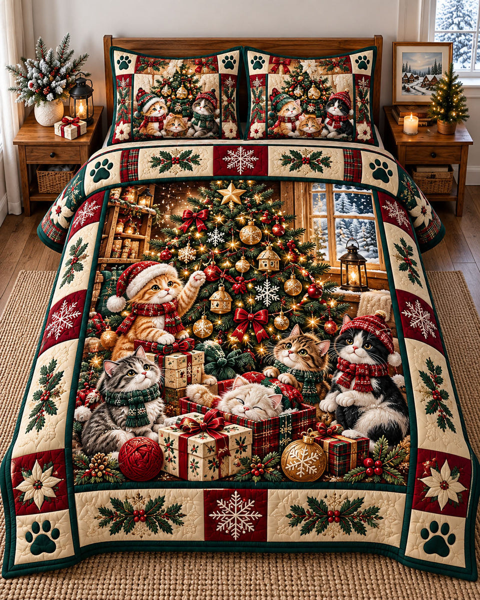 Christmas Cat in Black and Tan quilted bedding set, quilt and two pillow shams on a made bed