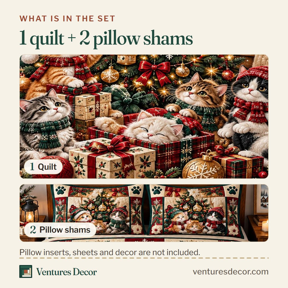 What is in the set: one quilt and two pillow shams, shown in the Christmas Cat in Black and Tan Quilt Set, 3-Piece Quilted Bedding with 2 Pillow Shams design