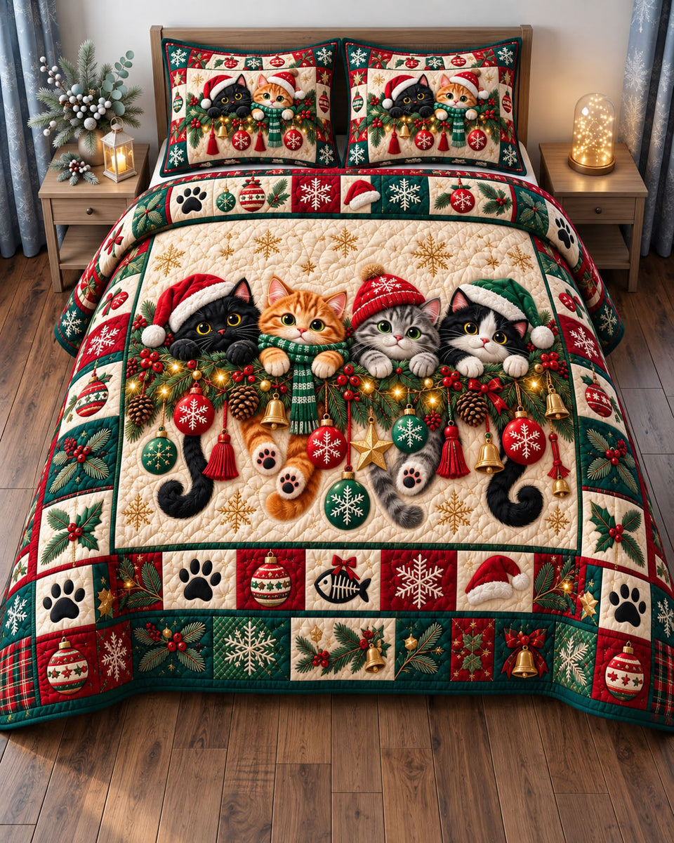Christmas Cat in Black quilted bedding set, quilt and two pillow shams on a made bed