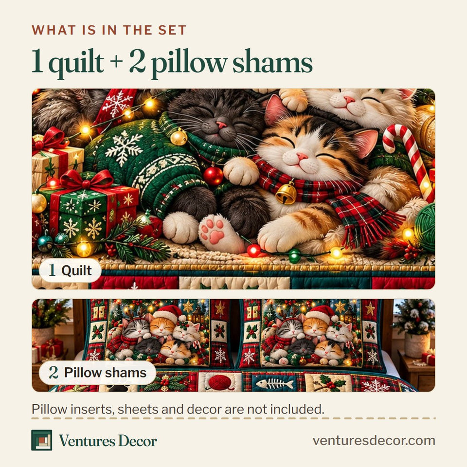 What is in the set: one quilt and two pillow shams, shown in the Christmas Cat in Black Quilt Set, 3-Piece Quilted Bedding with 2 Pillow Shams design