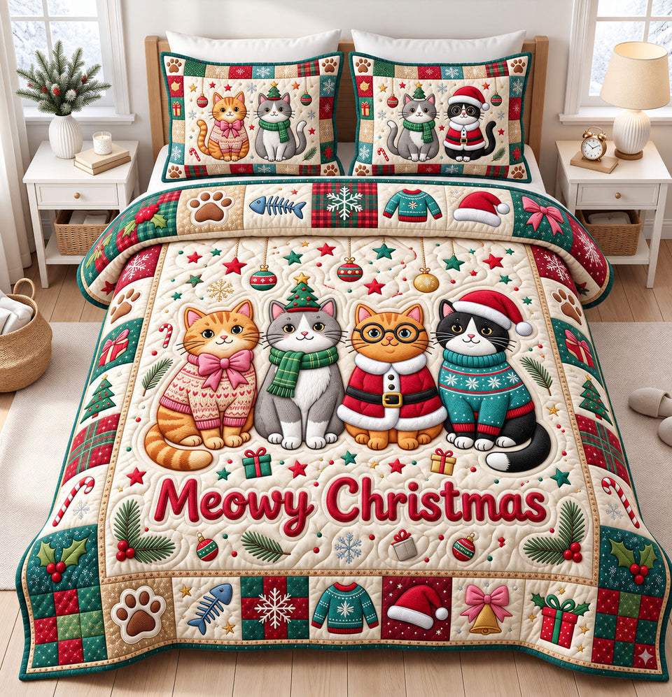 Christmas Cat in Blush quilted bedding set, quilt and two pillow shams on a made bed