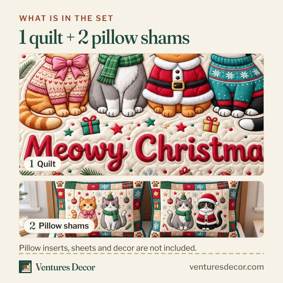 What is in the set: one quilt and two pillow shams, shown in the Christmas Cat in Blush Quilt Set, 3-Piece Quilted Bedding with 2 Pillow Shams design