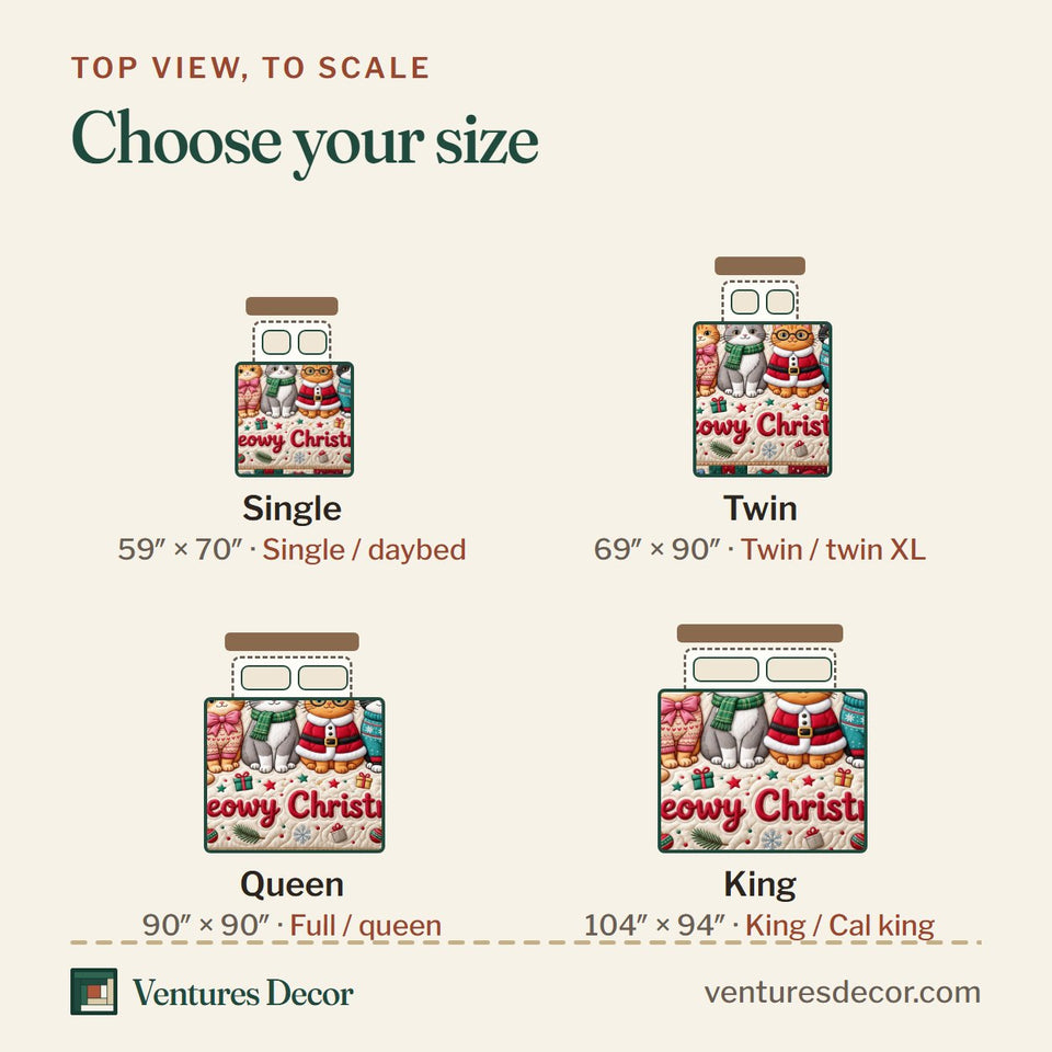 Size guide for the Christmas Cat in Blush Quilt Set, 3-Piece Quilted Bedding with 2 Pillow Shams quilt, top view to scale: Single 59 x 70 in, Twin 69 x 90 in, Queen 90 x 90 in, King 104 x 94 in
