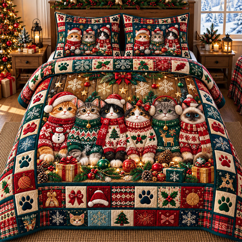Christmas Cat in Brown and Black quilted bedding set, quilt and two pillow shams on a made bed