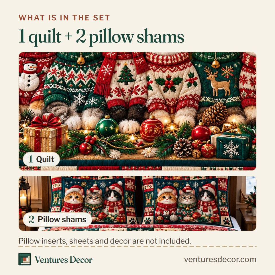 What is in the set: one quilt and two pillow shams, shown in the Christmas Cat in Brown and Black Quilt Set, 3-Piece Quilted Bedding with 2 Pillow Shams design