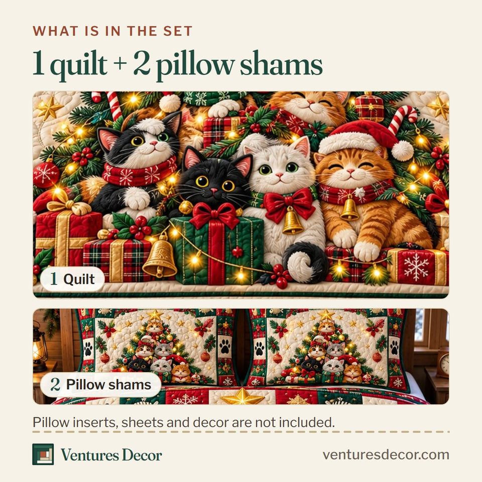 What is in the set: one quilt and two pillow shams, shown in the Christmas Cat in Brown and Burgundy Quilt Set, 3-Piece Quilted Bedding with 2 Pillow Shams design